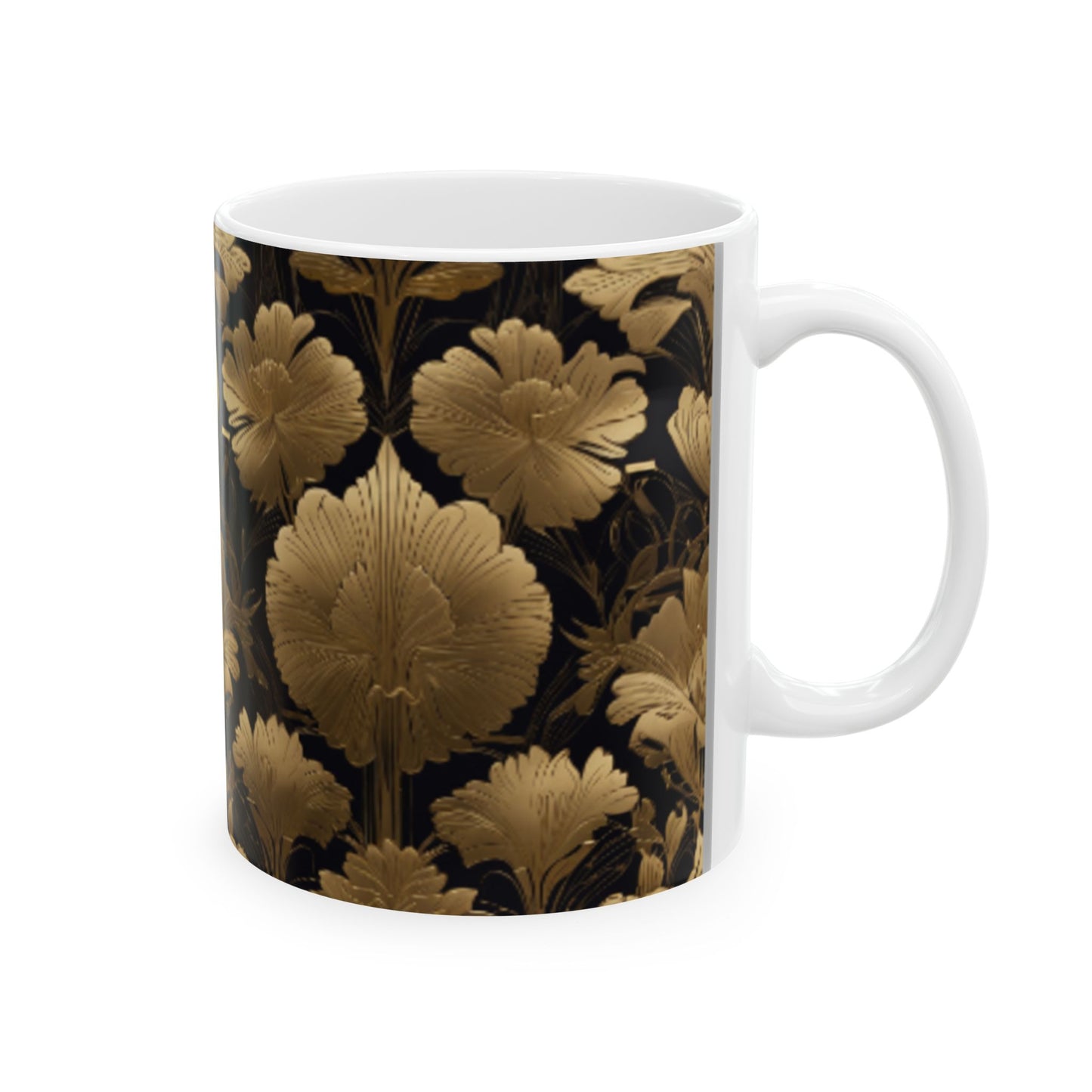 Art Deco Gold Foil Floral Ceramic Mug - 11oz/15oz Coffee Mug for Home & Living, Kitchen Decor, Floral Print Collectible Mugs