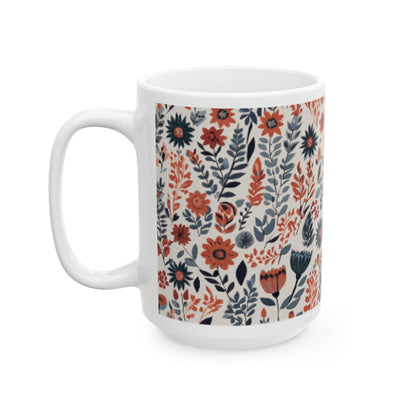 Scandinavian Folk Art Flower Ceramic Mug for Coffee and Tea - Home & Living Kitchen Decor Gift, 11oz 15oz Sizes Available