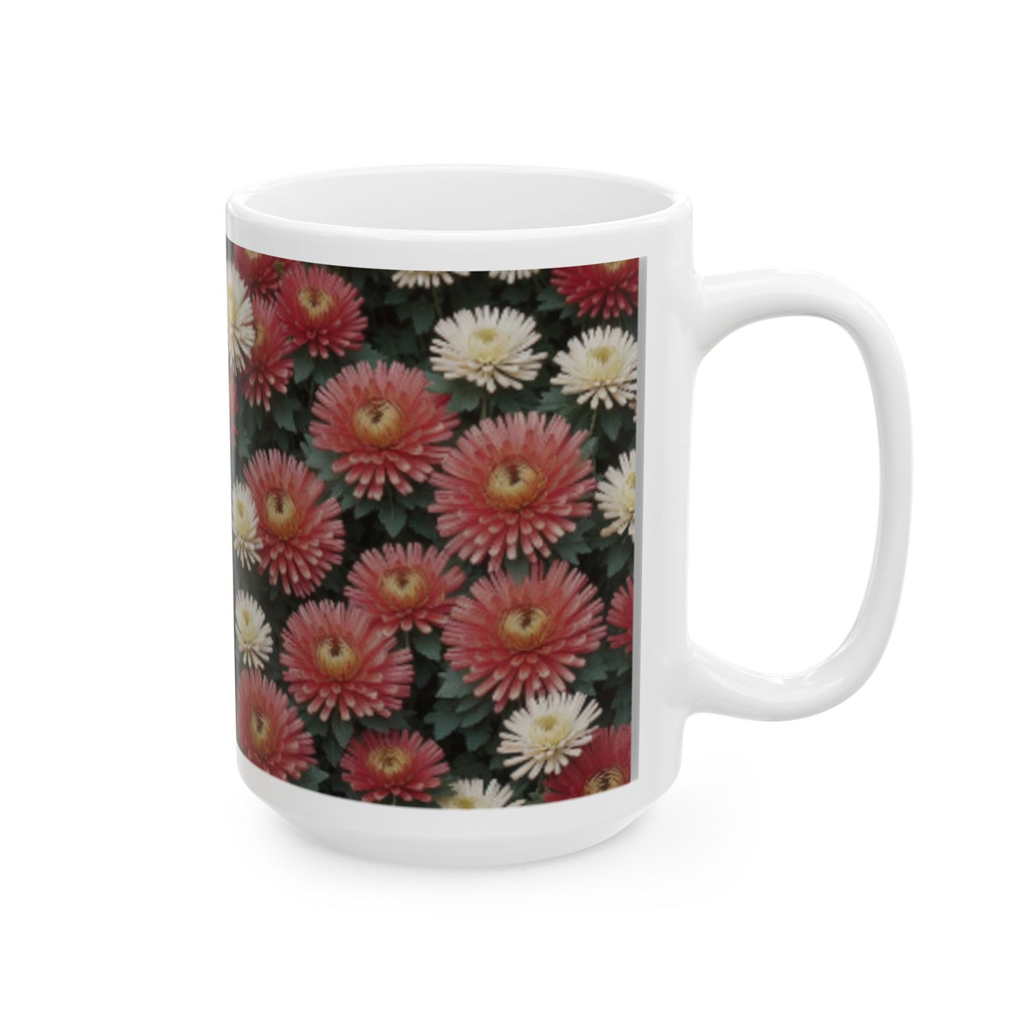 Japanese Chrysanthemum Ceramic Mug 11oz/15oz - Coffee Mugs for Home & Living, Chrysanthemum Plant Design, Artisan Floral Kitchenware