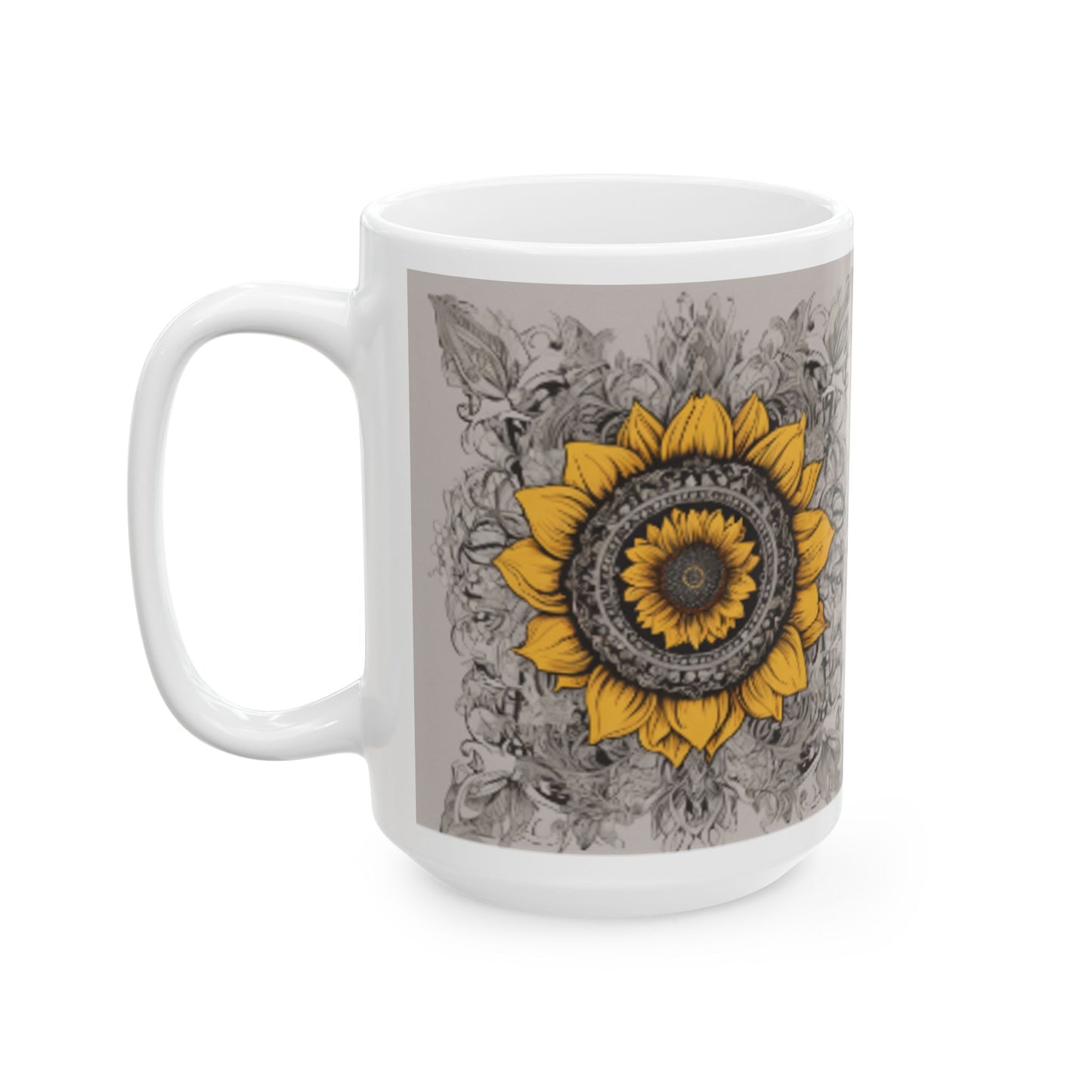 Boho Chic Sunflower Ceramic Mug | Home & Living Kitchen Coffee Cup | Unique Sunflower Wreath Design Gift | 11oz or 15oz Sizes Available