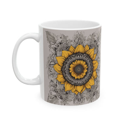 Boho Chic Sunflower Ceramic Mug | Home & Living Kitchen Coffee Cup | Unique Sunflower Wreath Design Gift | 11oz or 15oz Sizes Available