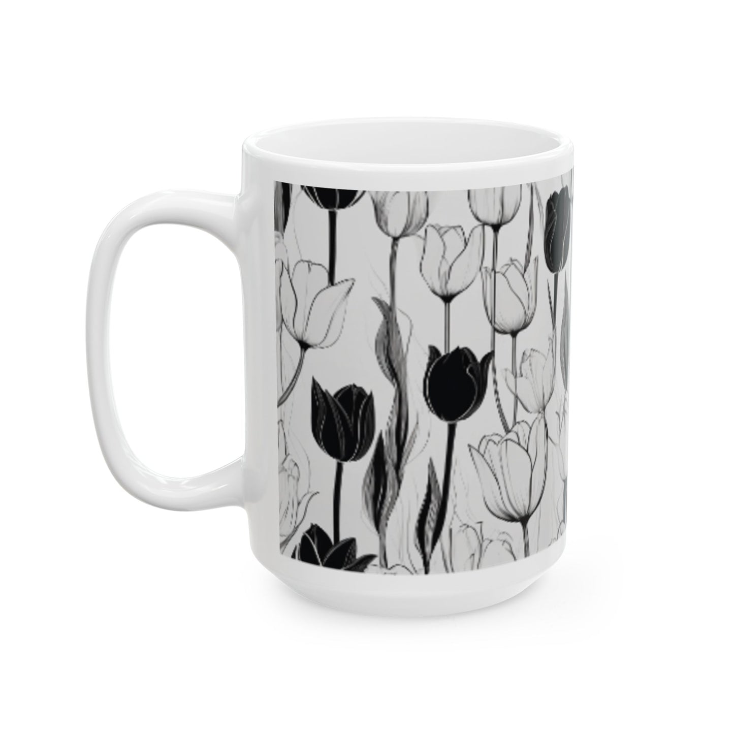 Minimalist Black and White Tulip Outline Ceramic Coffee Mug - 11oz/15oz Home & Living Elegant Wall Art Style Drinkware