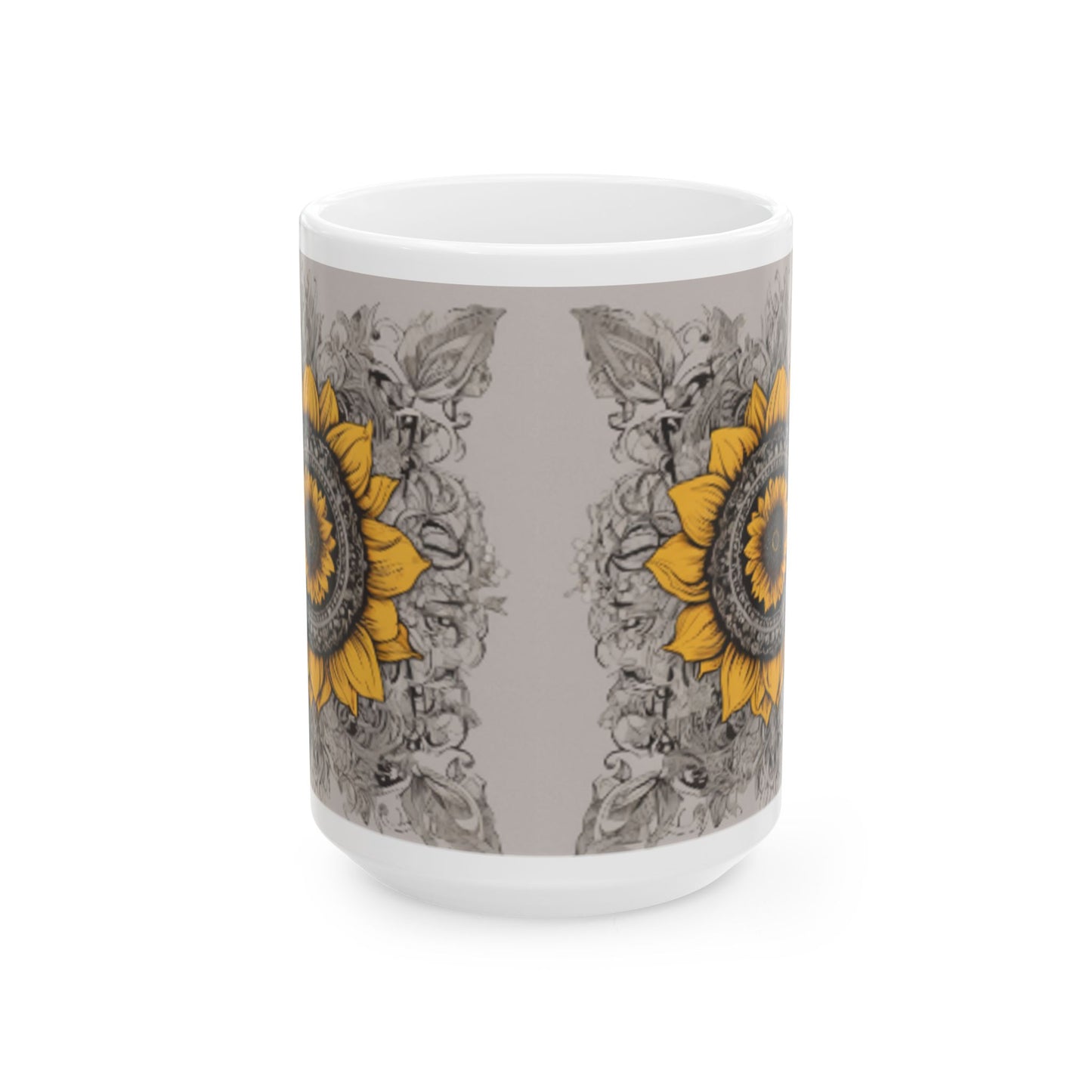 Boho Chic Sunflower Ceramic Mug | Home & Living Kitchen Coffee Cup | Unique Sunflower Wreath Design Gift | 11oz or 15oz Sizes Available