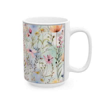 Watercolor Wildflowers Ceramic Mug 11oz/15oz - Kitchen Coffee Cup, Home & Living, Bridal Shower Sign, Pastel Field Art