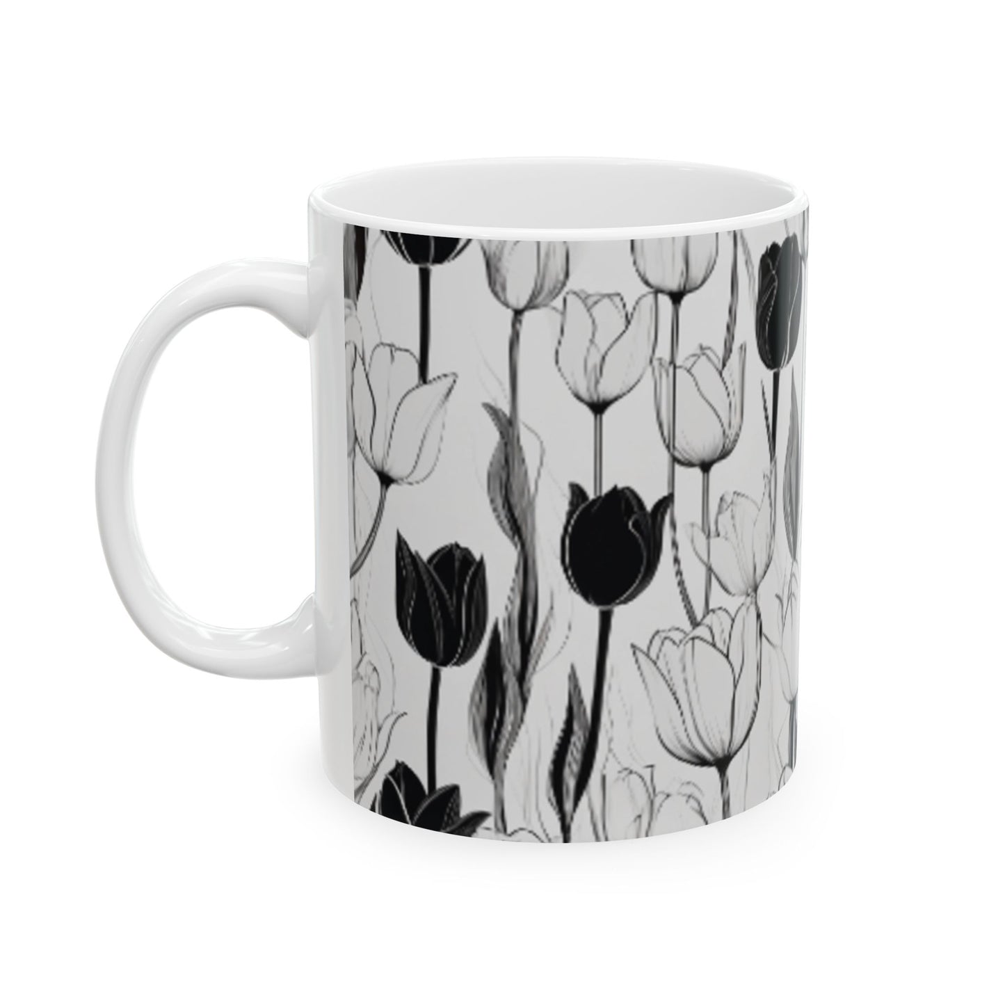 Minimalist Black and White Tulip Outline Ceramic Coffee Mug - 11oz/15oz Home & Living Elegant Wall Art Style Drinkware