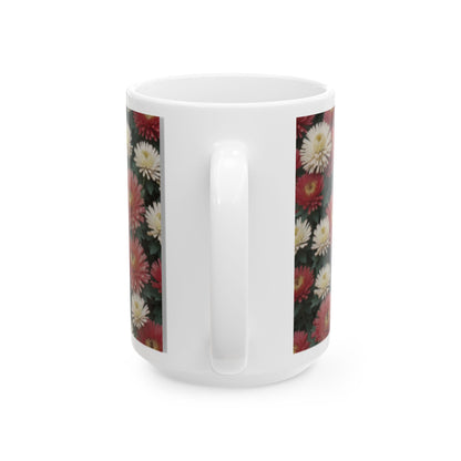 Japanese Chrysanthemum Ceramic Mug 11oz/15oz - Coffee Mugs for Home & Living, Chrysanthemum Plant Design, Artisan Floral Kitchenware