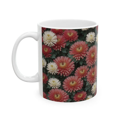 Japanese Chrysanthemum Ceramic Mug 11oz/15oz - Coffee Mugs for Home & Living, Chrysanthemum Plant Design, Artisan Floral Kitchenware