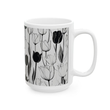 Minimalist Black and White Tulip Outline Ceramic Coffee Mug - 11oz/15oz Home & Living Elegant Wall Art Style Drinkware