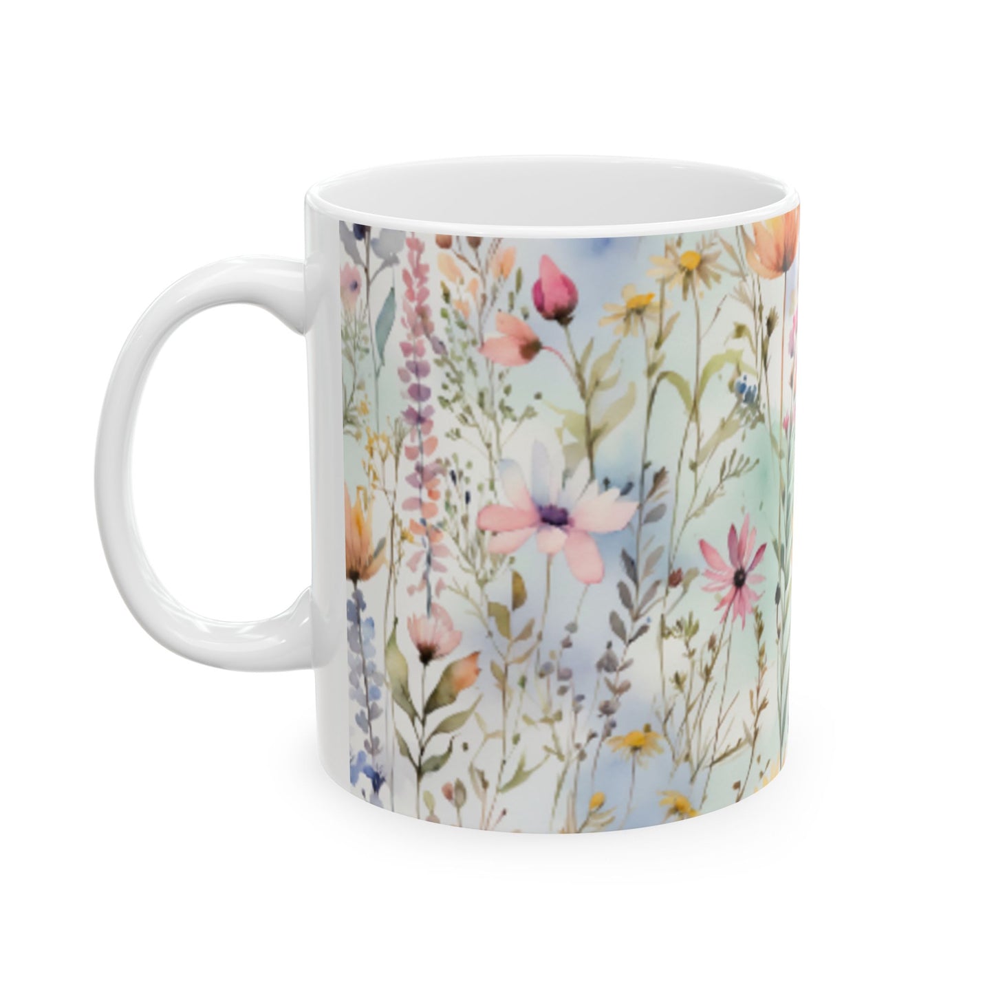 Watercolor Wildflowers Ceramic Mug 11oz/15oz - Kitchen Coffee Cup, Home & Living, Bridal Shower Sign, Pastel Field Art