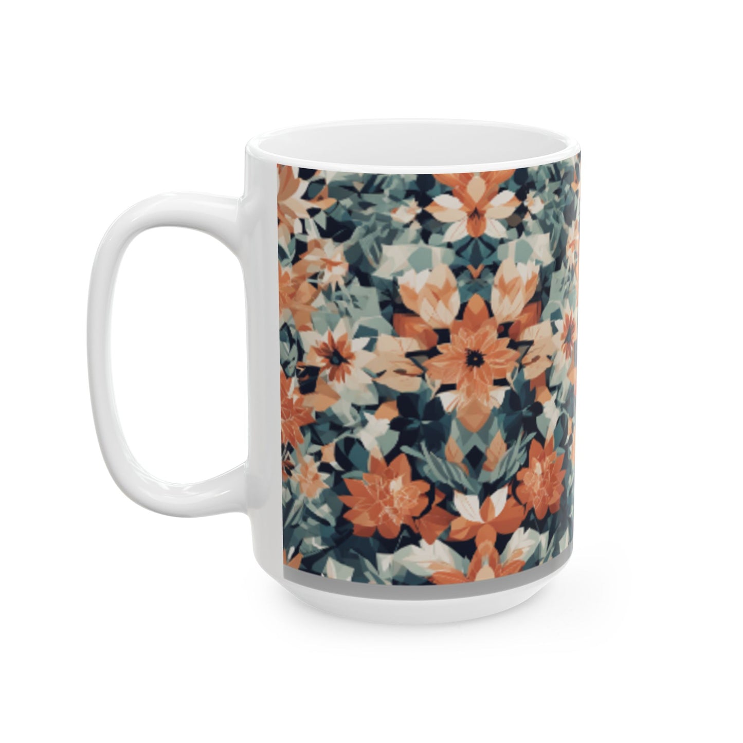 Geometric Floral Pattern Ceramic Mug - 11oz/15oz Coffee Mug for Home & Living, Stylish Beverage Cup with Clean Lines Design