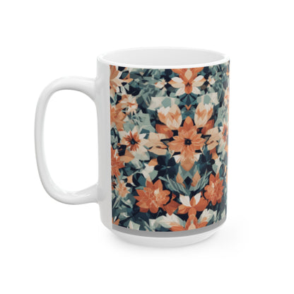 Geometric Floral Pattern Ceramic Mug - 11oz/15oz Coffee Mug for Home & Living, Stylish Beverage Cup with Clean Lines Design