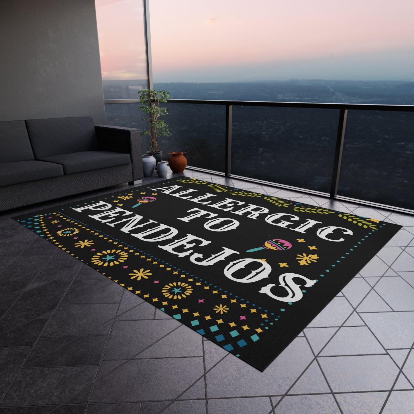 Eye-Catching 'Allergic to Pendejos' Outdoor Rug for Quirky Decor