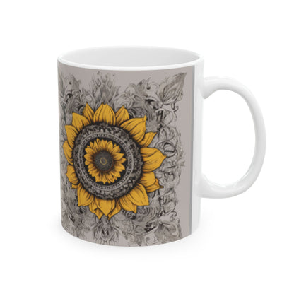 Boho Chic Sunflower Ceramic Mug | Home & Living Kitchen Coffee Cup | Unique Sunflower Wreath Design Gift | 11oz or 15oz Sizes Available