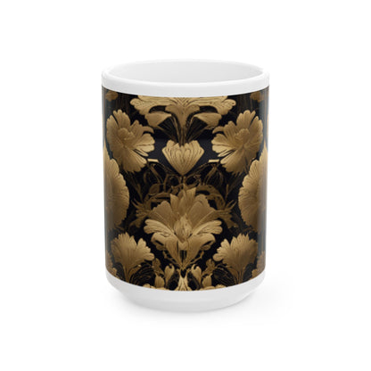 Art Deco Gold Foil Floral Ceramic Mug - 11oz/15oz Coffee Mug for Home & Living, Kitchen Decor, Floral Print Collectible Mugs