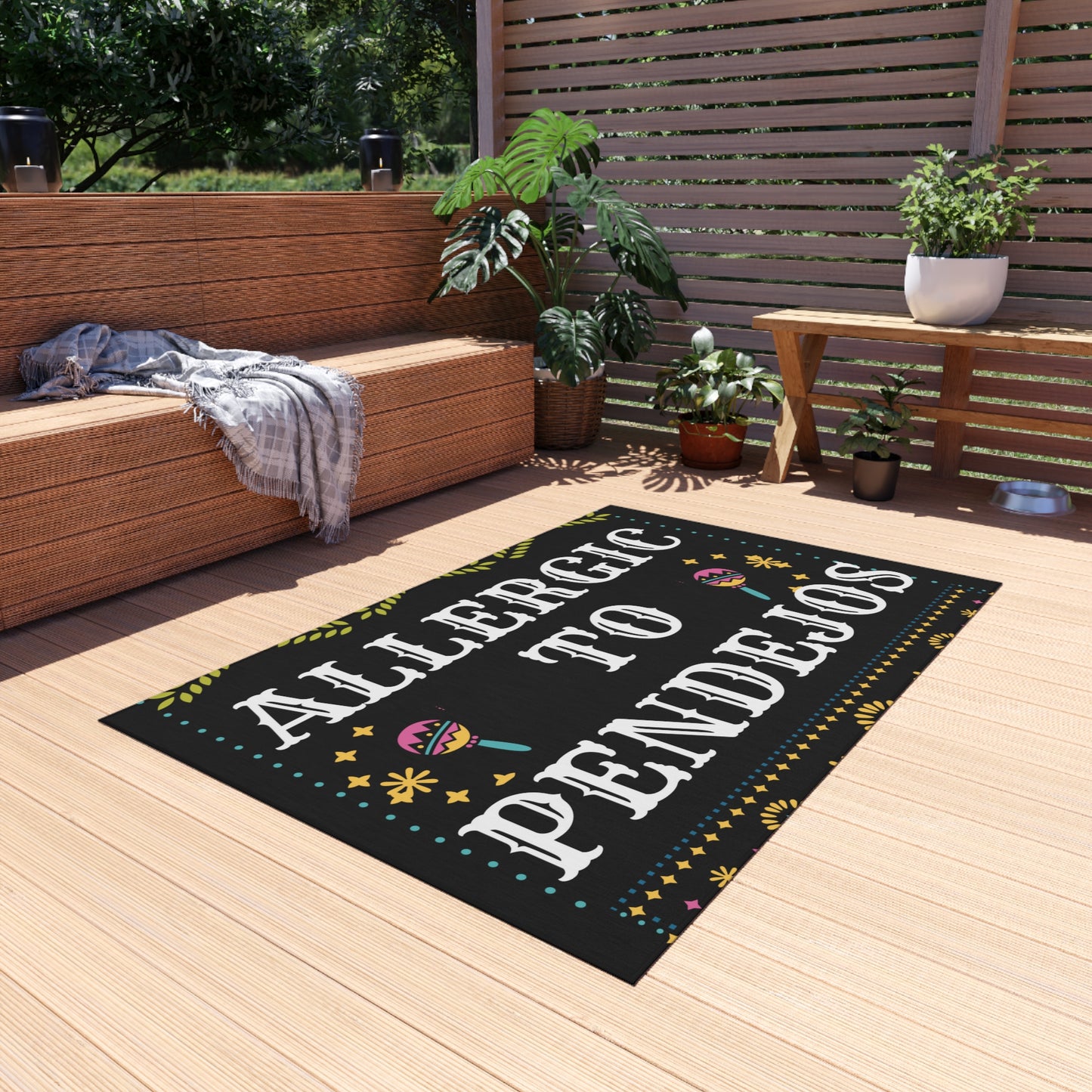 Eye-Catching 'Allergic to Pendejos' Outdoor Rug for Quirky Decor