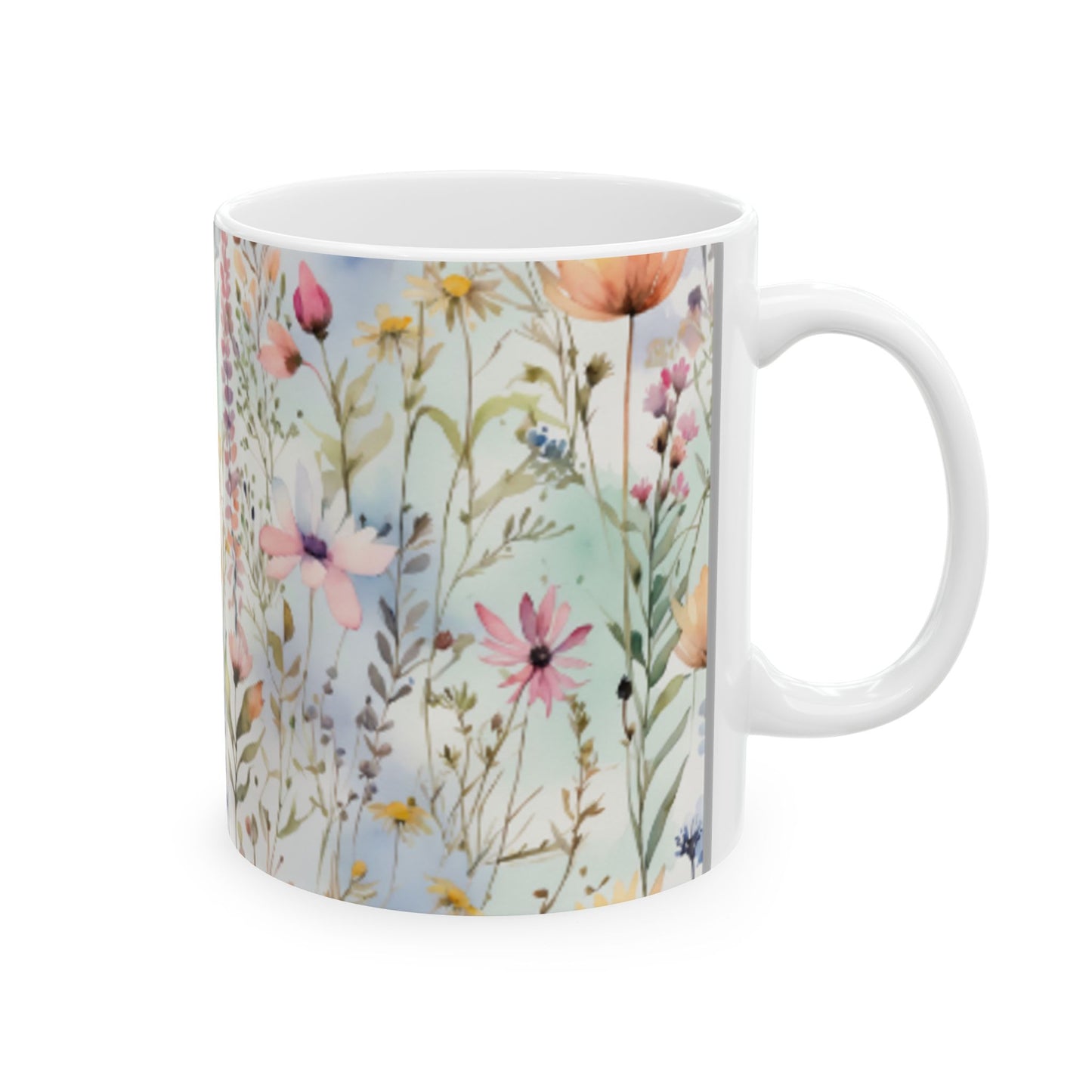 Watercolor Wildflowers Ceramic Mug 11oz/15oz - Kitchen Coffee Cup, Home & Living, Bridal Shower Sign, Pastel Field Art