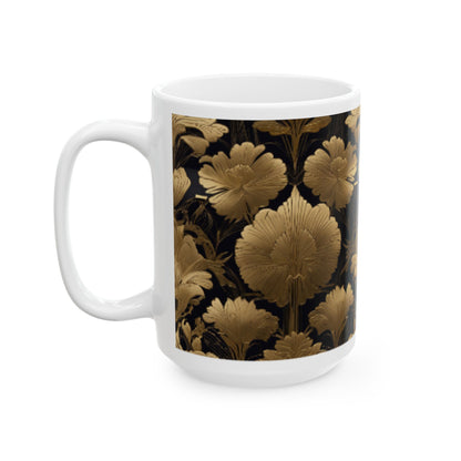 Art Deco Gold Foil Floral Ceramic Mug - 11oz/15oz Coffee Mug for Home & Living, Kitchen Decor, Floral Print Collectible Mugs