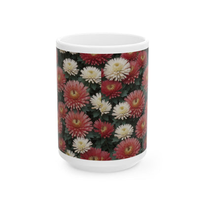 Japanese Chrysanthemum Ceramic Mug 11oz/15oz - Coffee Mugs for Home & Living, Chrysanthemum Plant Design, Artisan Floral Kitchenware