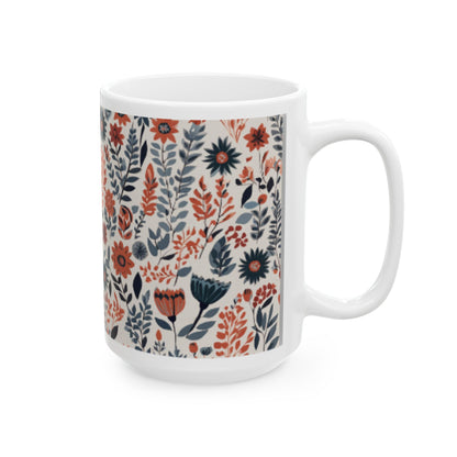 Scandinavian Folk Art Flower Ceramic Mug for Coffee and Tea - Home & Living Kitchen Decor Gift, 11oz 15oz Sizes Available