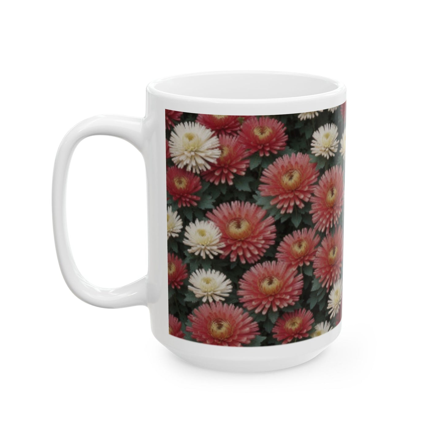 Japanese Chrysanthemum Ceramic Mug 11oz/15oz - Coffee Mugs for Home & Living, Chrysanthemum Plant Design, Artisan Floral Kitchenware