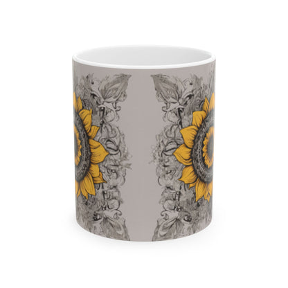 Boho Chic Sunflower Ceramic Mug | Home & Living Kitchen Coffee Cup | Unique Sunflower Wreath Design Gift | 11oz or 15oz Sizes Available