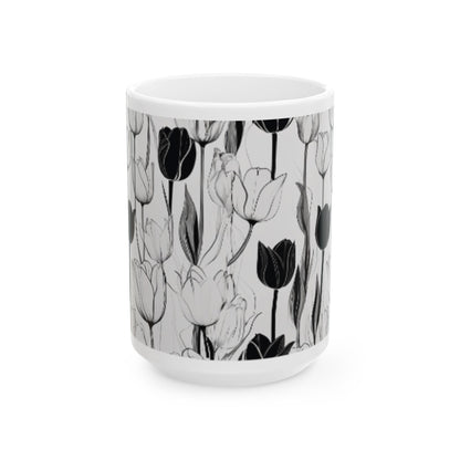 Minimalist Black and White Tulip Outline Ceramic Coffee Mug - 11oz/15oz Home & Living Elegant Wall Art Style Drinkware