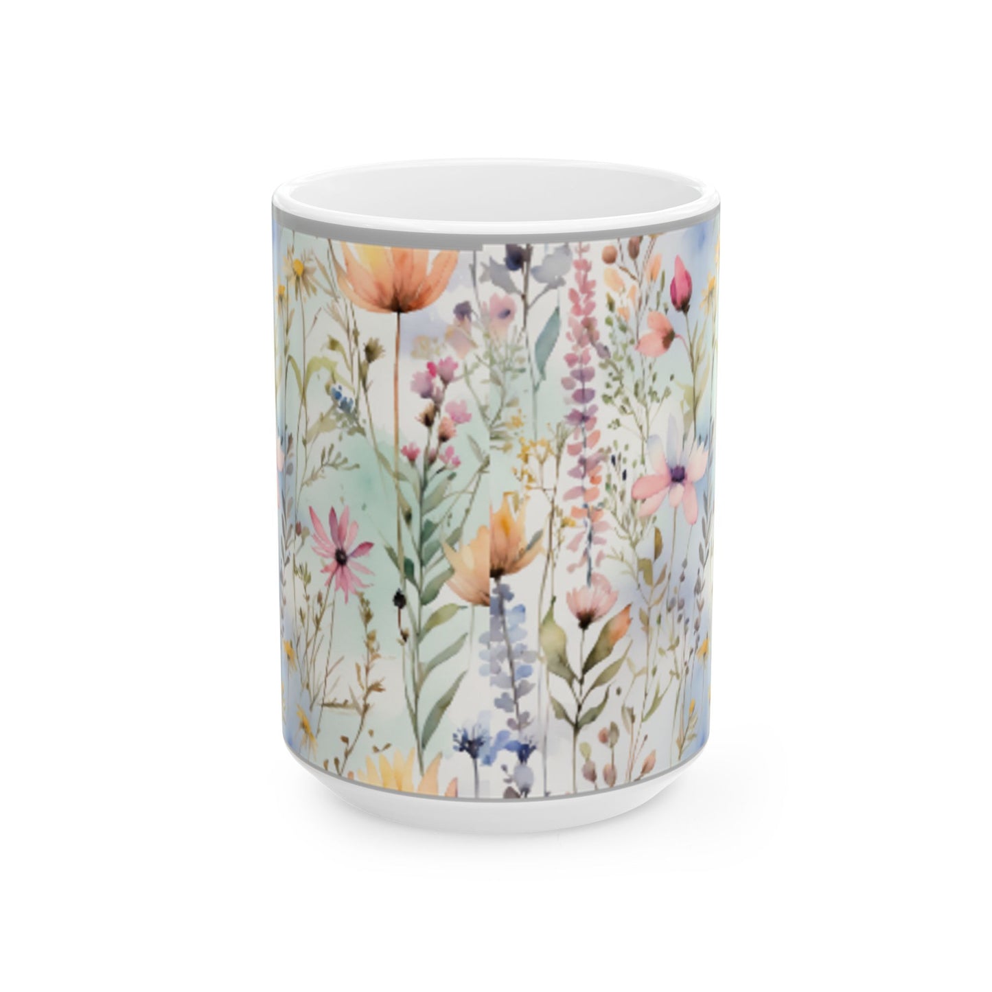 Watercolor Wildflowers Ceramic Mug 11oz/15oz - Kitchen Coffee Cup, Home & Living, Bridal Shower Sign, Pastel Field Art