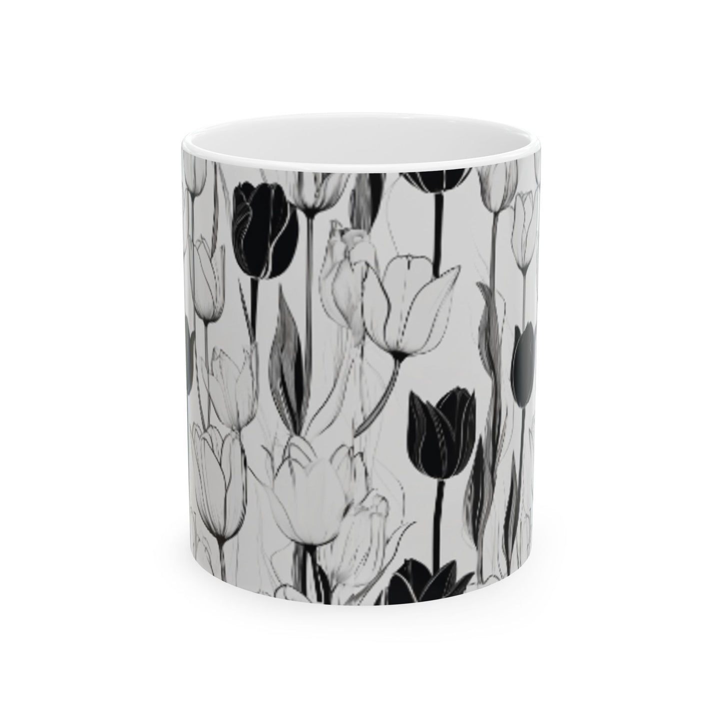 Minimalist Black and White Tulip Outline Ceramic Coffee Mug - 11oz/15oz Home & Living Elegant Wall Art Style Drinkware