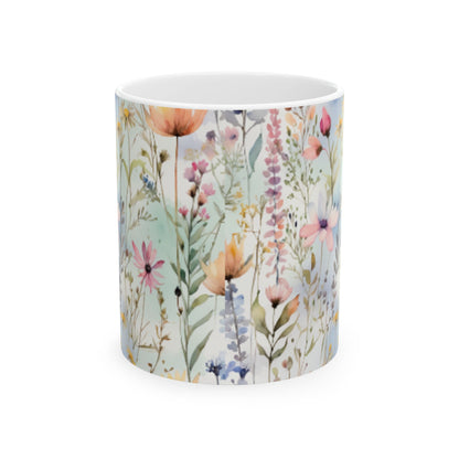 Watercolor Wildflowers Ceramic Mug 11oz/15oz - Kitchen Coffee Cup, Home & Living, Bridal Shower Sign, Pastel Field Art